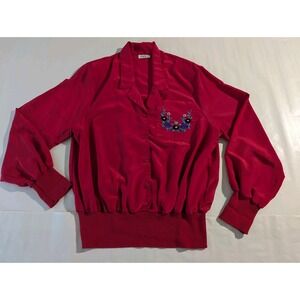 Jamboree Women Red Satin Embroidered Button Front Collared Long Sleeve Blouse 14